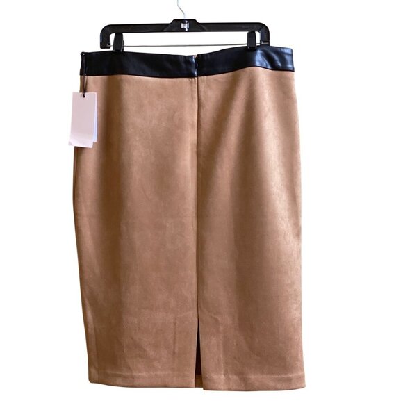 Ivanka Trump Faux Suede Camel Pencil Skirt With Faux Leather Trim Size 14 - Picture 2 of 5